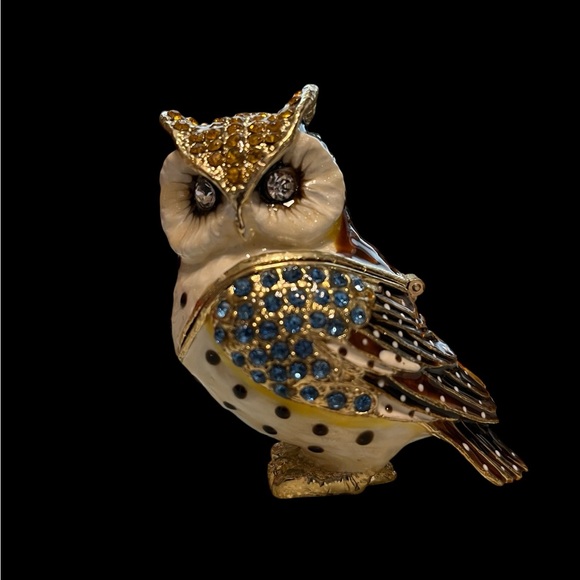 Vintage horned spotted Owl enamel jeweled trinket box - Picture 2 of 9